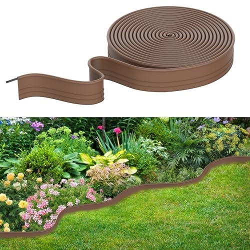 Rasenkante Kunststoff,Raseneinfassung,Plastic Beeteinfassung,Rasen Mähkante,Gartenzaun Beetumrandung,aus 100% recyceltem Plastik, Einfache Montage,Garten Dekorativ,Flexible Lawn Border,Braun,6M