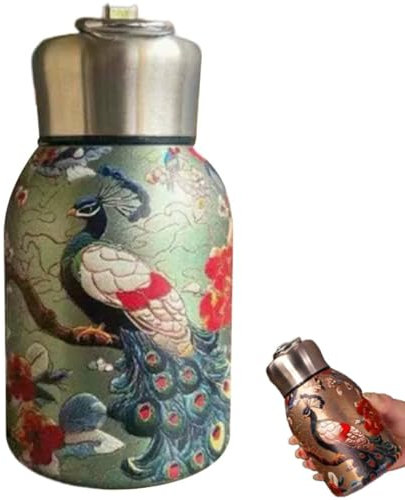 Portable Insulated Stainless Steel Water Bottle, 300ml Vacuum Flask Hot Cold Drinks Container with Hanging Ring for Outdoor Camping Hiking Travel Office Use Retro Design