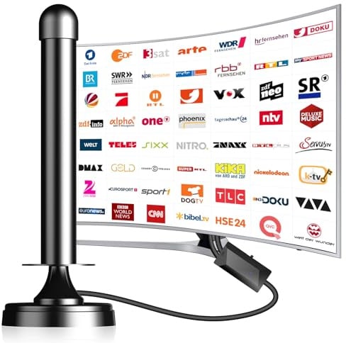 DVBT2 Antenne, zimmerantenne DVB-T & DVB-T2 Antennen mit Verstärker, Großer Reichweite und 360° Empfang, Zimmerantenne für Fernseher mit Starkem Magnetfuß, Geeignet für 4K 1080p & Alle TV-BV18010