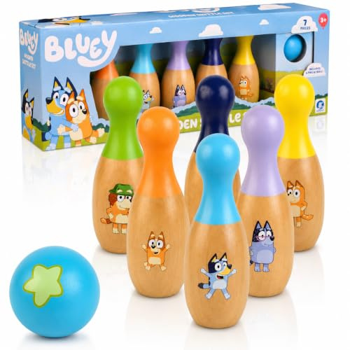 Bluey Wooden Skittles Set, Kids Bowling Game with 6 Character Pins & Ball, Bluey & Bingo Pins, Indoor & Outdoor Play, Durable & Sturdy, FSC Certified Wood, Ages 3+