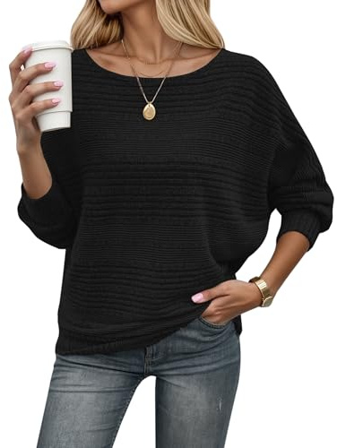 WNEEDU Womens Jumpers Autumn Lightweight Ladies Batwing Knit Fall Sweater
