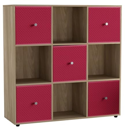 URBNLIVING 9 Cube Storage Unit with 5 Foldable Fabric Drawers, Wooden Freestanding Bookcase Shelf Organiser, Modern Cube Shelving for Bedroom, Office, Living Room, Toys, Clothes & Books