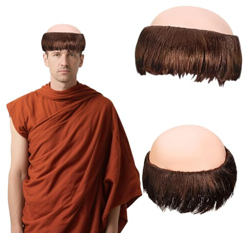 Brown Monk Wig Short Straight Hair, Bald Head Cap Wig, Monk Fancy Dress Bowl Cut Funny Costume Wigs Bald Head Cap, Monks Costume Balds Heads Caps, for Men's Party Halloween Old Man Cosplay