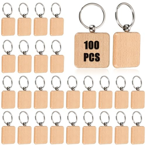 TOLIDA Lot de 100 porte-clés carrés en bois vierge de 4 cm pour bricolage personnalisé