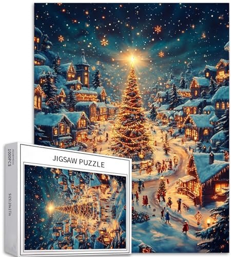 1000-teiliges Weihnachtsdorf-Puzzles für Erwachsene und Anfänger, Weihnachtsbaum-Puzzle, 50,8 x 68,6 cm, anspruchsvolle Familien-Aktivitätsspiele, buntes DIY-Bastelpuzzle für Heimdekoration, Geschenke