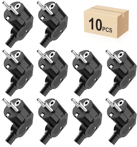 Schuko Stecker Winkelstecker 10 Stücke, Stromstecker Winkelstecker 230v flach, Schutzkontakt Stecker mit Knickschutztülle, Eurostecker für 8-10mm Kabel, IP20, Langlebig und Bruchfest, Schwarz