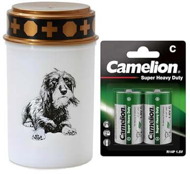 Fachhandel Plus LED Grablicht Hund mit Batterien – Grabkerze LED, wetterfeste Grableuchte Ewiges Licht mit Hundemotiv, warm flackerndes Gedenklicht für Tiergrab & Gedenkstätte (Weiß, Rauhaardackel)