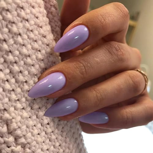 KQueenest Lilla Press On Nails Mandorla Medio – Chiodi acrilici viola da applicare, unghie finte da applicare, con copertura completa lucida, unghie finte in gel per donne, 24 pezzi