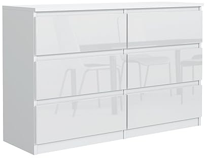 Masseno Kommode NUDO 120 cm Sideboard mit 6 Schubladen und Türen für Wohnzimmer Schlafzimmer Modern 120x39x78,5 cm Weiß/Weiß