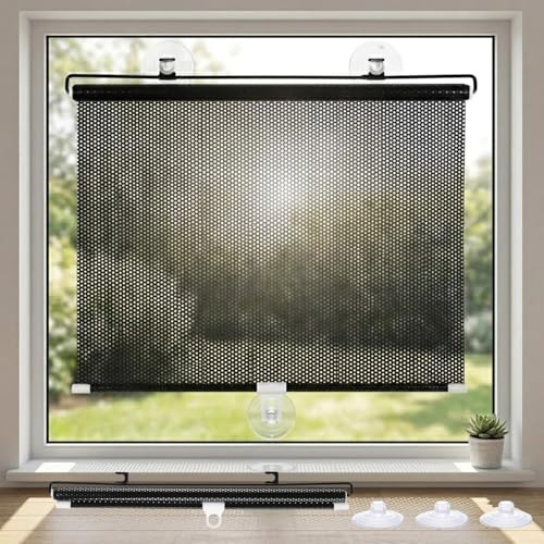 Verdunkelungsrollo ohne Bohren Saugnapf, Sonnenschutz Rollo Fenster, Verdunkelungsrollo ohne Bohren, Hitzeschutz Thermorollo Einziehbar Dachfenster(Blacks,55Wx80Hcm)