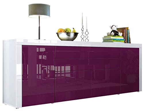 Vladon Buffet La Paz V2, Commode avec 2 Portes, 2 tiroirs, et 2 clapets, Blanc Haute Brillance/mûre Haute Brillance/Blanc Haute Brillance (200 x 72 x 35 cm)