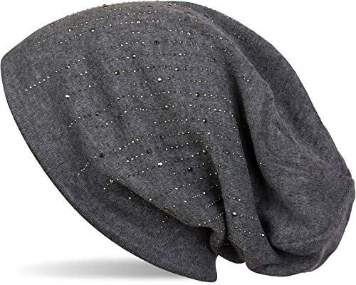 styleBREAKER Damen Beanie Mütze mit Strass Nieten im edlen Streifen Design, Slouch Longbeanie, Stoffmütze Einfarbig 04024086, Farbe:Dunkelgrau meliert