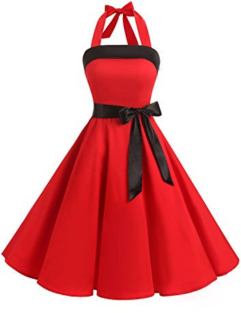 Timormode Sexy Robe Rétro Vintage Femme Année 40 50 60 Robe de Cocktail Rockabilly Décolleté 10212Red XL