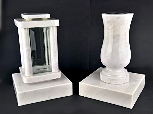 designgrab Modern Grablampe mit Vase und 2 Stück Sockel aus Carrara Marmor weiß, Grabschmuckset