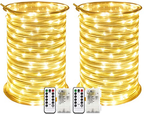 RcStarry 2 Stück Batterie LED Lichtschlauch Außen 100 LEDs 10 Meter IP68 Wasserdicht 8 Modi mit Fernbedienung und Timer DIY Dekoration für Weihnachten, Garten, Hochzeit - Warmweiß