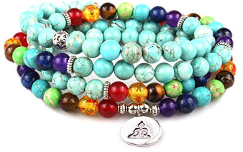 Techson 7 Chakra Bracelet, 108 Mala Beads Gemstone Wrap Bracelet, 8mm Turquoise Prayer Necklace with Tree of Life Pennant (108 Turquoise (Yoga))