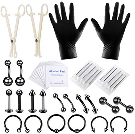 Healifty Piercing Kit Chirurgenstahl Bauch Zunge Tragus Nippel Lippe Nase Augenbraue Kinnring Körperschmuck Messgerät Piercing Nadeln Set 42 Stück (schwarz)