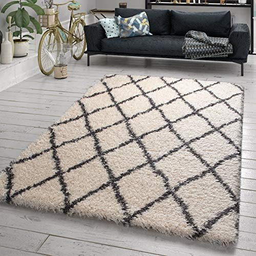 TT Home Wohnzimmer Teppich Hochflor Shaggy Skandi Design Mit Rauten Optik Weich Creme, Größe:60x90 cm
