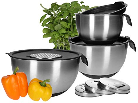 Cuenco de acero inoxidable 18/10, incluye tapa y 4 ralladores de verduras, base de silicona, antideslizante, apto para alimentos (11 piezas con mango)