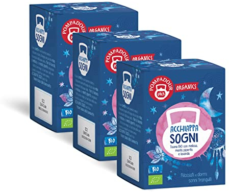 Pompadour Organics, Tisana Bio Acchiappa Sogni, 45 Filtri (3 Confezioni da 15 Filtri), con Melissa, Menta e Lavanda, Ideale la Sera per Sonni Tranquilli, Senza Lattosio, Glutine e Allergeni, Vegan