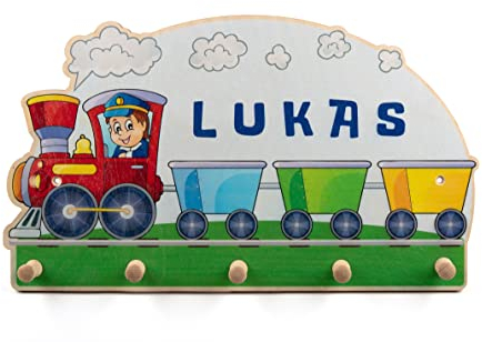 hegehof Personalisierte Kindergarderobe 'Zug' aus Birkenholz mit fünf Kleiderhaken. Garderobe für Kinder mit Wunschnamen, ca. 50 x 29 cm
