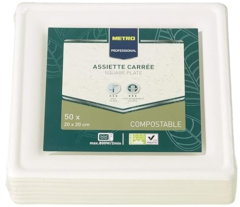 METRO Professional - Assiettes en carton jetables durables compostables blanches carrées 20 x 20 cm - Lot de 50