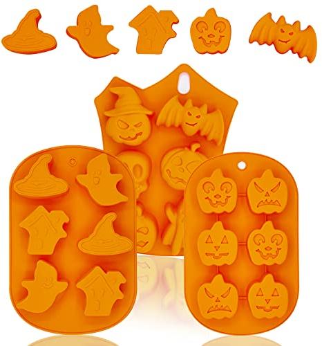 Honnesserry Halloween Stampo in silicone per zucca, Scatola per muffin con pipistrello Torta a forma di teschio Stampo per cioccolato fantasma Stampo da forno in silicone per streghe(3 pezzi)