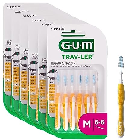 GUM TRAV-LER Scovolini interdentali | manico flessibile | pulizia profonda tra i denti e rimozione della placca | 1.3 mm, ISO 4 | Taglia M | Confezione 6x6