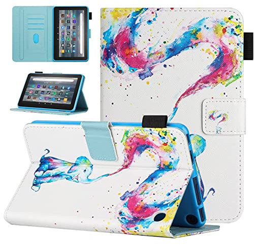 MOKASE Funda Compatible con Nuevo Kindle Fire 7 Tableta Amazon 12 ª Generación 2022 Último Modelo 7, Piel Sintética Soporte Caso, Automático Estela/Sueño con Portalápices para Fire 7, Baby Elephant