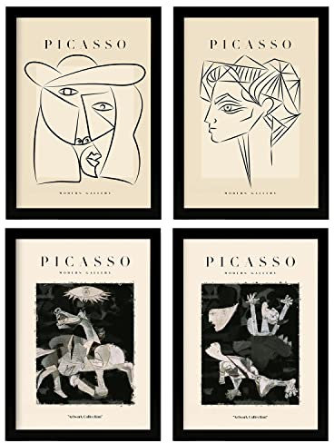 Nacnic Set mit 4 Illustrationen von Picasso, Kollektion Noir, Ausdruck, Illustrationen im Kunstgalerie-Stil, Innendekoration, A4, mit schwarzem Rahmen.