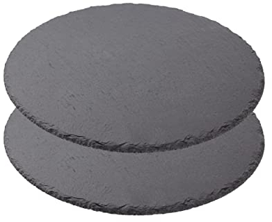 Plato Llano de Pizarra Natural, Fuentes de Cocina, Platos para Sushi, Plato de Pizarra, Bandejas para Servir Alimentos Quesos, Tapas Sushi, Negro, Tablas de Piedra Redonda 28 cm - 2 Unidades