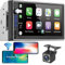 Radio Coche de Doble DIN con Apple CarPlay inalámbrico y Android Auto - Estéreo de automóvil con Pantalla táctil de 7, cámara de Respaldo de 12 LED, Mirror Link, USB/AUX/TF/FM