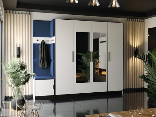 KIER FURNITURE Kleiderschrank Mit Gepolstertem Sitz Und Paneelen – Gardarobenstaender – Sitzbank Garderobe – Flurgarderobe Schmal – Farbe Weiß + Stoff Blau – 259,6x205x39 cm