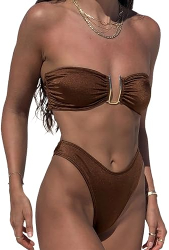 ZHONGZD Zweiteiliger Bandeau-Bikini-Badeanzug Für Damen Mit U-Ring, Trägerlos, Mit Raffung Und Hohem Schnitt