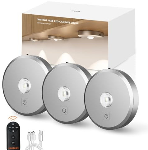 MEKKLEON Puck lumières avec télécommande Rechargeable, sans fil sous l’éclairage d’armoire,2000mAh à piles Tap Push Touch lumières (couleur bois, 3 Pcs) (Silver, 3 Pcs)