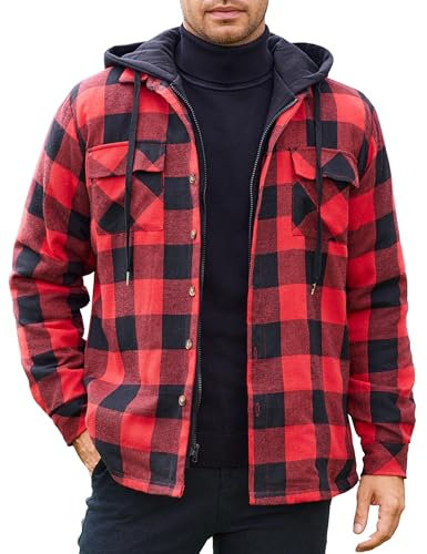 COOFANDY Herren Karierte Jacke Hemdjacke Holzfäller Jacke Gefüttert Hoodie Langarm Flanellhemd Winterjacke Baumwolle Arbeitsjacke Oberhemden mit Kapuze Hellrot L