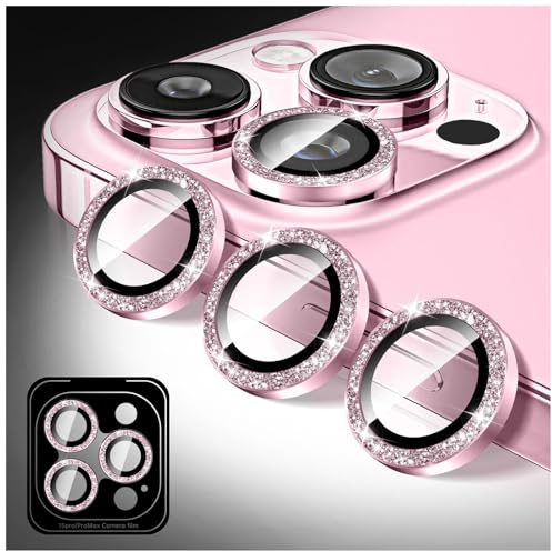 Kucheed Protecteur D'objectif D'appareil Photo à Paillettes pour iPhone 12 Pro Max, Couverture de Caméra en Verre Trempé 9H, Anneaux Métalliques Individuels à Alignement Automatique