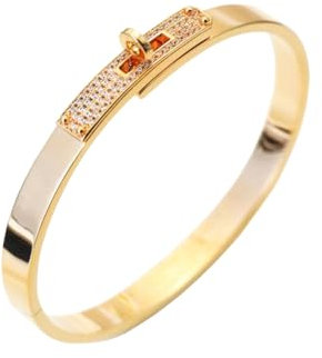 FOMCORT 18K Gold Plated Turn Lock Bracelet with Cubic Zirconia,Classical Fashion Stainless Steel Bangle Bracelet for Men and Womens, Medium, Cubic Zirconia