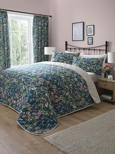 Dreams & Drapes Teal Floral & Bird Bedspread (230cm X 200cm) - Reversible (2 Designs) - Floral Quilt Bedspread with Botanical Prints & Spring Birds