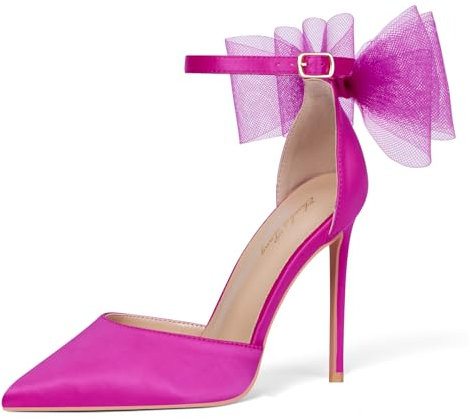 Zhabtuc Décolleté da Donna con Tacco a Spillo con Fiocco in Rete Rimovibile Sandali con Tacco Alto e Tacco 10 cm Eleganti Scarpe da Sposa in Raso, Rosa Caldo, 40.5 EU