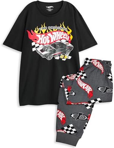 Hot Wheels Herren-Pyjama-Set | Kurzarmoberteil mit Rennwagen-Grafik für Erwachsene und Pyjamahose mit langem Bein in Schwarz und Grau | Die Original-Hotwheels-Nachtwäsche mit Flame-Logo-Print