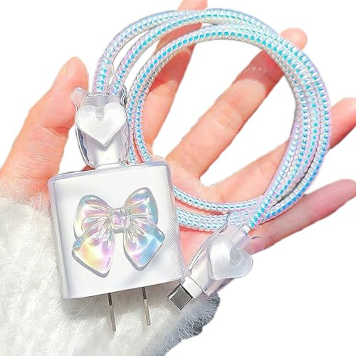 Cute Charging Cord Protector for iPhone Charger Adapter,Sparkle Bowknot Plating with 3D White Love Heart Design,DIY Soft Cable Protector Data Cable Saver for Women Girls iPad 18W/20W Charger Cover