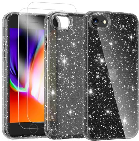 Noyabox for iPhone 7/8/SE2020/2022 Clear Glitter Case with 2 Screen Protectors, Sparkling Soft Transparent TPU Bumper Scratch-Resistant for Women and Girls, Black