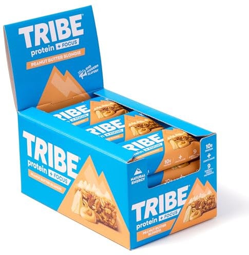 TRIBE Protein + Focus Bar - Peanut Butter Blondie - 10g Protein, 9 Energy & Focus Nutrients, Lions Mane, Plant Based, Vegan Snack & Gluten Free (60g x 12 Bars)