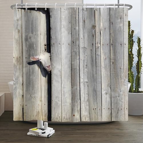 Xiaoterna Rideau de Douche Rustique Ferme Rideau de Salle de Bain Animalier Porte Rustique en Bois Mignon Mouton dans Un Chalet Rustique en Bois Ferme Rideau de Baignoire Lavable 180x180cm