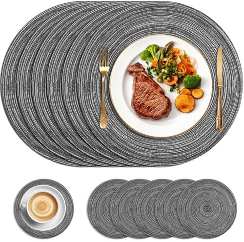 HEYOMART Round Placemats and Coasters Set of 6, 34cm Round Braided Woven Place Mats Washable Table Mats and Coasters Sets Heat Resistant Table Mats for Kitchen Dining Table Home Restaurant, Grey