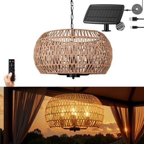 ALL FORTUNE Outdoor Solar Chandelier, 4-Light 19 Outdoor Rattan Chandelier, Hanging Pendant Lights, Waterproof, for Gazebo, Pergola, Porch, Patio