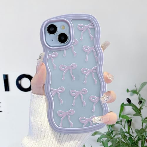 QLTYPRI Cute Bow Case for iPhone 13/iPhone 14, Clear Ribbon Bow Pattern Curly Wave Edge Aesthetic Transparent Phone Case, Slim Shockproof Protective Phone Cover for Women Girls - Purple