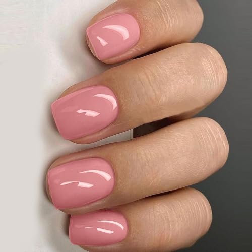 Ceboic 24Pcs Court Carré Faux Ongles, Naturel Rose Foncé Ongles à Coller, Acryliques Couverture Complète Press on Nails, Réutilisables Artificiels Faux Ongles Autocollants pour Femme et Fille