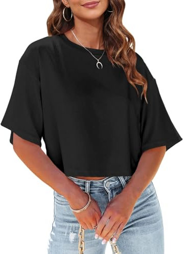 Fisoew Women Half Sleeve Cropped T-Shirts Drop Shoulder Round Neck Crop Tops Casual Summer Solid Color Basic Tees Black